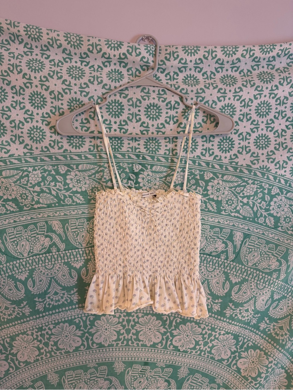 American Eagle Outfitters Cream Smocked Floral Ruffle Cami